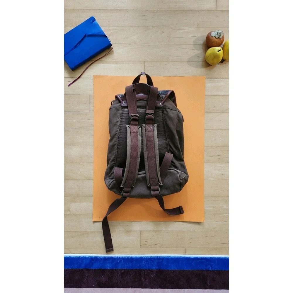 Pendleton Backpack Brown Canvas Wool Jacquard Bison Pattern Leather Trim Western